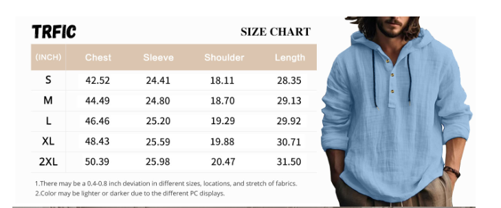 Spring Summer Fashion European-USA Style Top Base Layer Men Pure Color Long Sleeve Casual Half Button Cotton-Linen Breathable Loose Hooded T-Shirt_viptrois.com