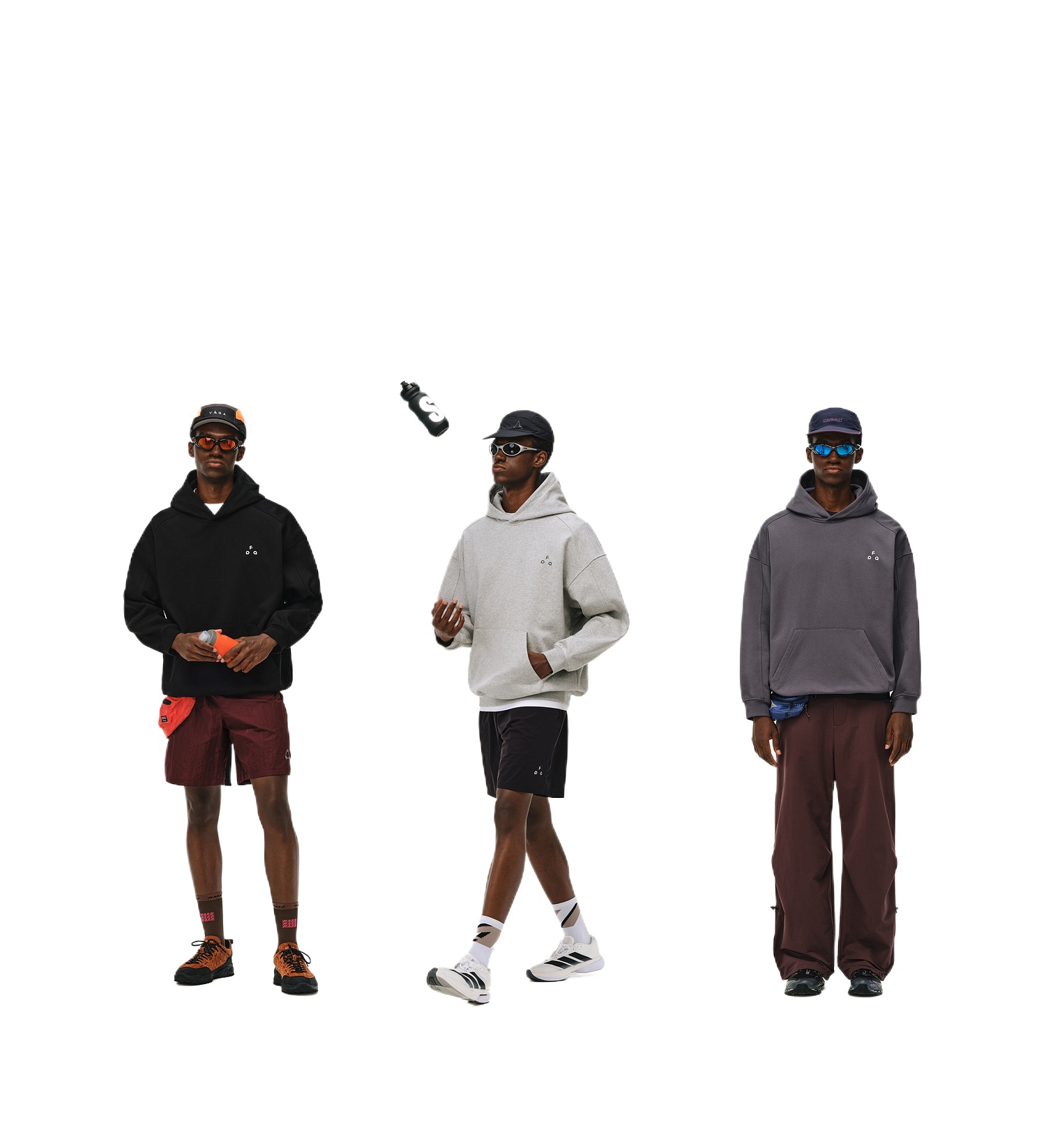 Three men in EastLyst Outdoor Print Hoodies, each sporting sunglasses and caps, stand in a row wearing different colors. A water bottle floats above the middle man against a white background.