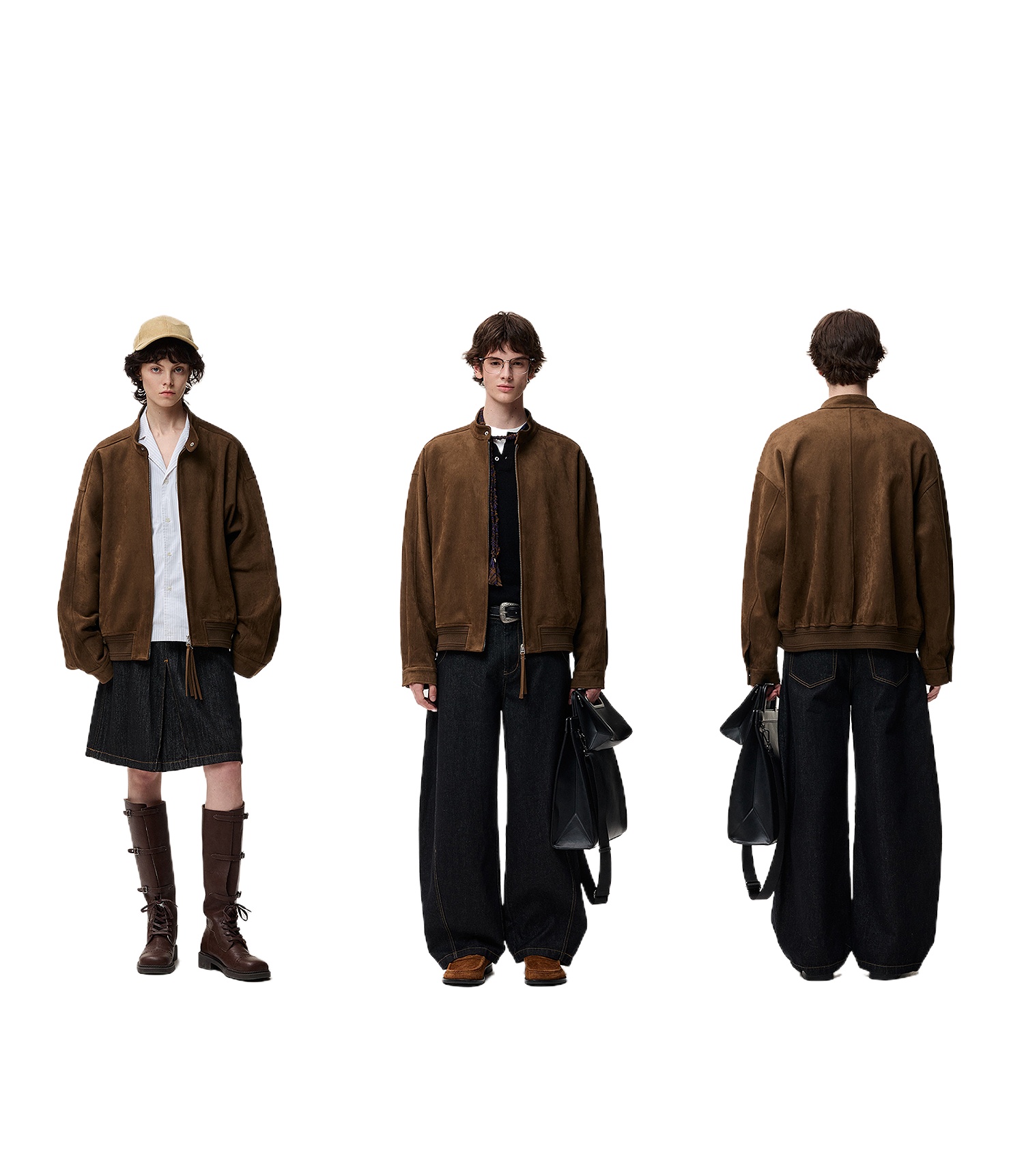 Three views of a model in the Vintage Brown Harrington Jacket by EastLyst: front, side, and back. Styled first with a white shirt, skirt, boots, and hat; then with baggy black pants, boots, and a large black tote.