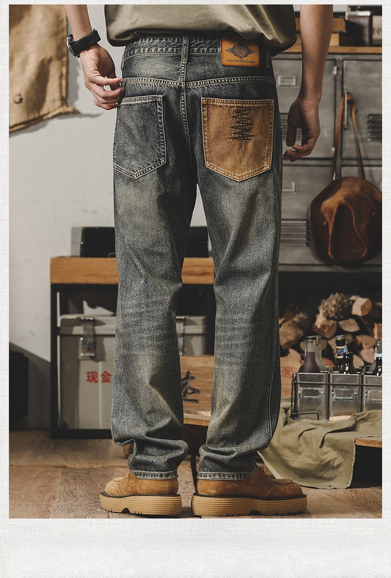 American Classic Retro Jeans Men's Loose Straight Tube Yellow Mud Dyed Old Pants Men's Spring And Autumn Models_viptrois.com