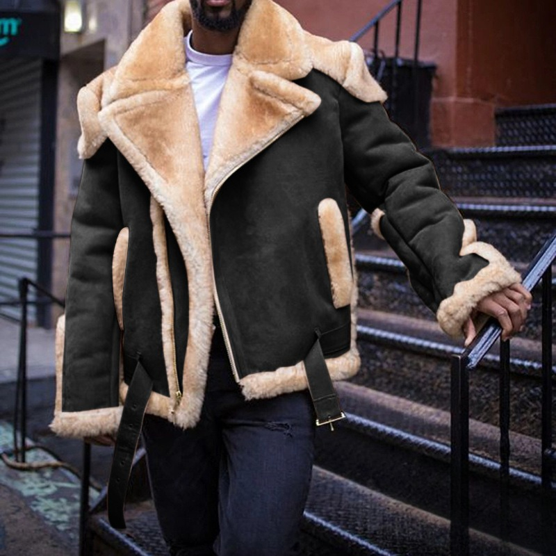 Heavy Industry High-end Suede Locomotive Fashion Jacket Large Lapel Thickened Cotton Jacket Zipper Side Seam Socket Retro Men's Outerwear_voghion.com