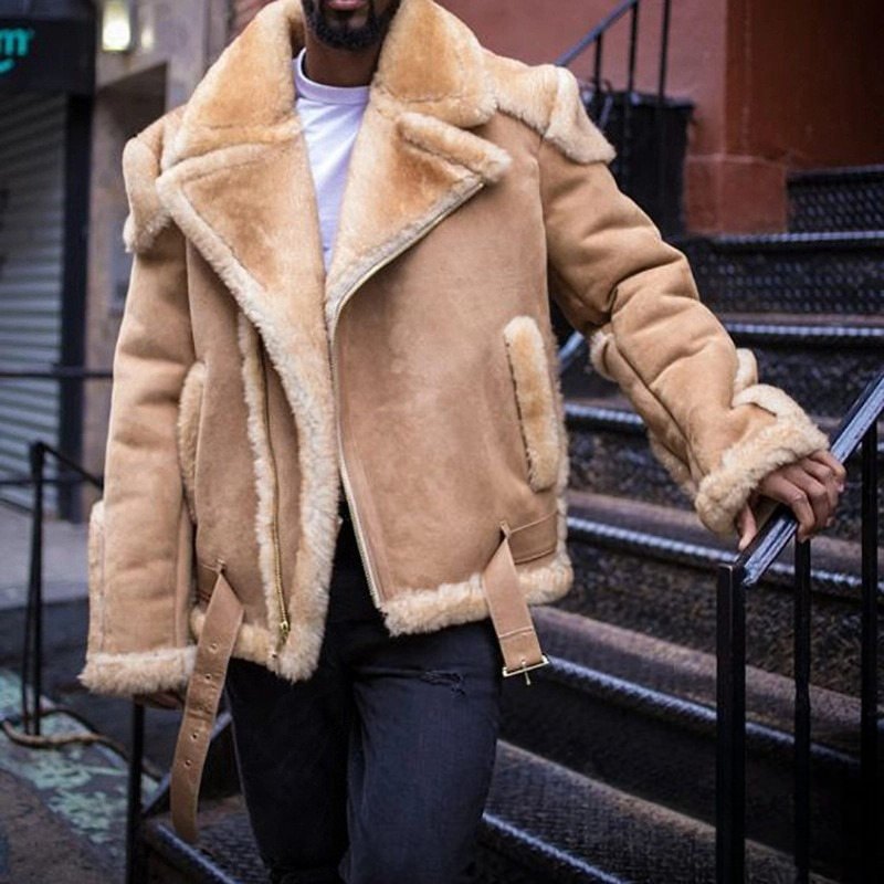Heavy Industry High-end Suede Locomotive Fashion Jacket Large Lapel Thickened Cotton Jacket Zipper Side Seam Socket Retro Men's Outerwear_voghion.com