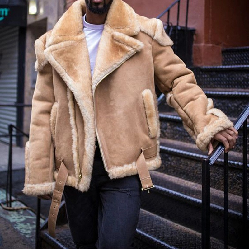 Heavy Industry High-end Suede Locomotive Fashion Jacket Large Lapel Thickened Cotton Jacket Zipper Side Seam Socket Retro Men's Outerwear_voghion.com