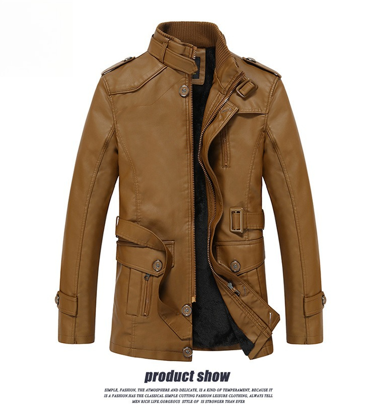 Leather Jacket Men's Winter Thickened Velvet Leather Jacket Casual Medium And Long Warm Cotton Jacket_viptrois.com
