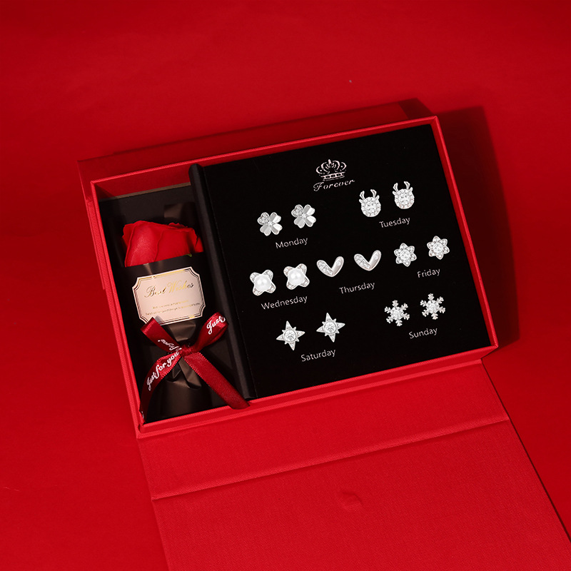 Orecchini per la nuova settimana, set rosso, confezione regalo per la settimana, design versatile, leggero e di nicchia, regalo di San Valentino_voghion.com