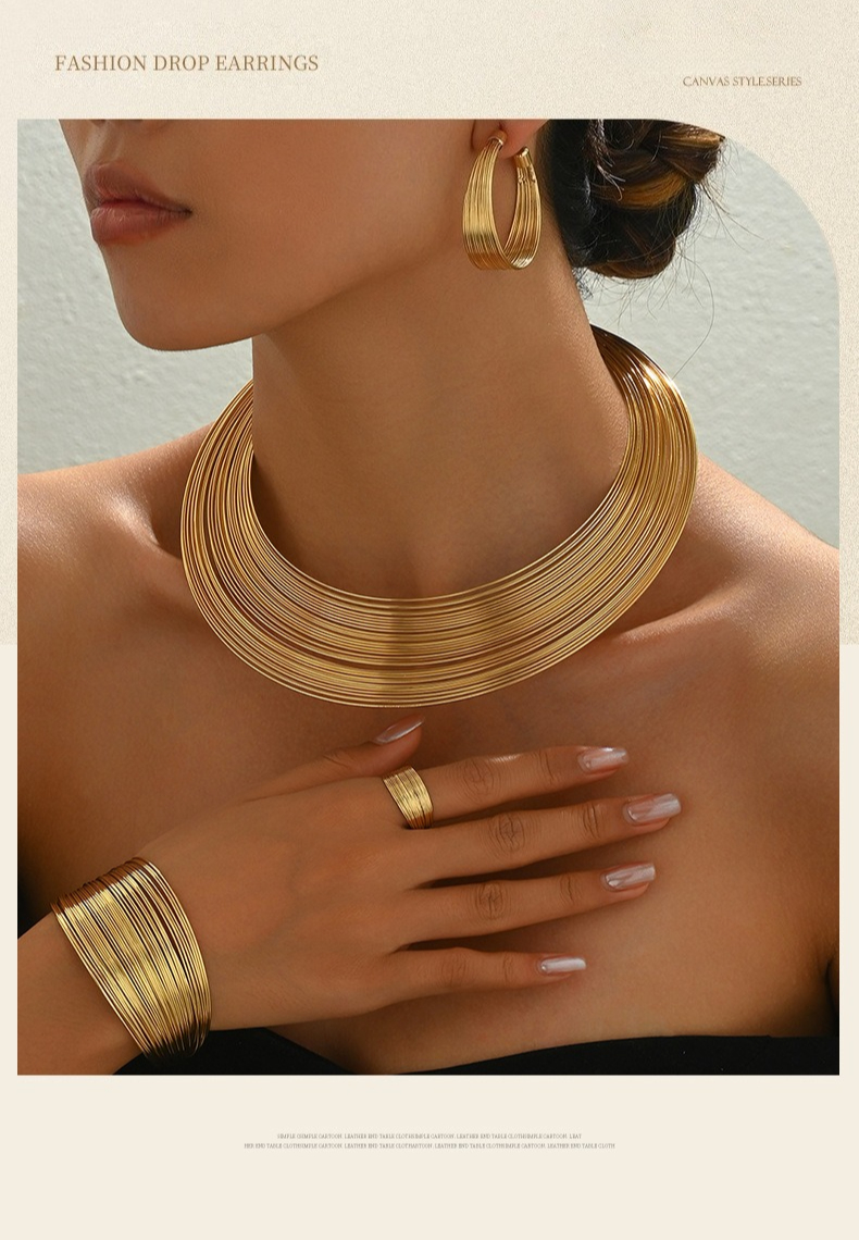Exaggerated Metal Ring Coil Multi-layer Collar Set, Women's Fashion Versatile High-end Necklace Four-piece Set_voghion.com