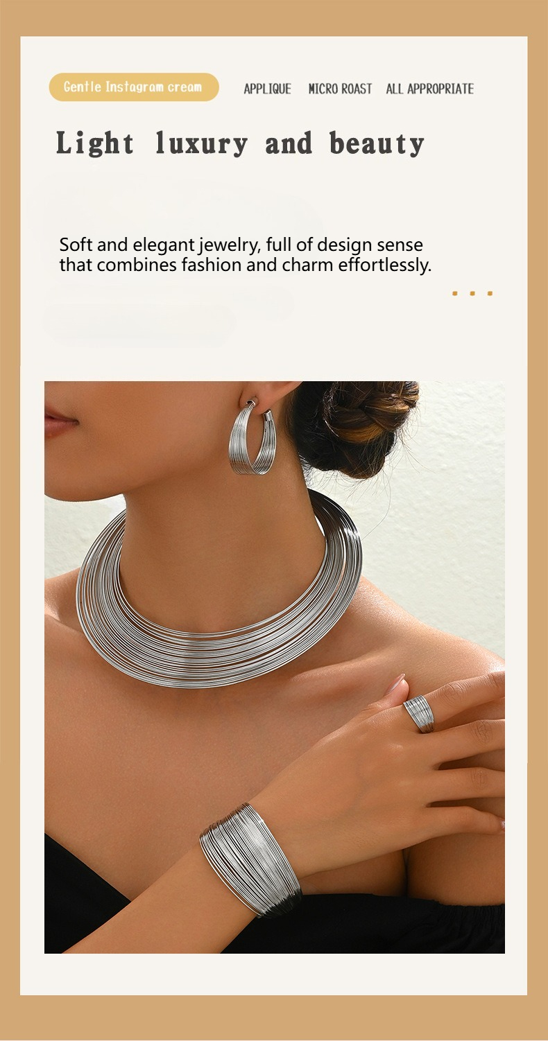 Exaggerated Metal Ring Coil Multi-layer Collar Set, Women's Fashion Versatile High-end Necklace Four-piece Set_voghion.com