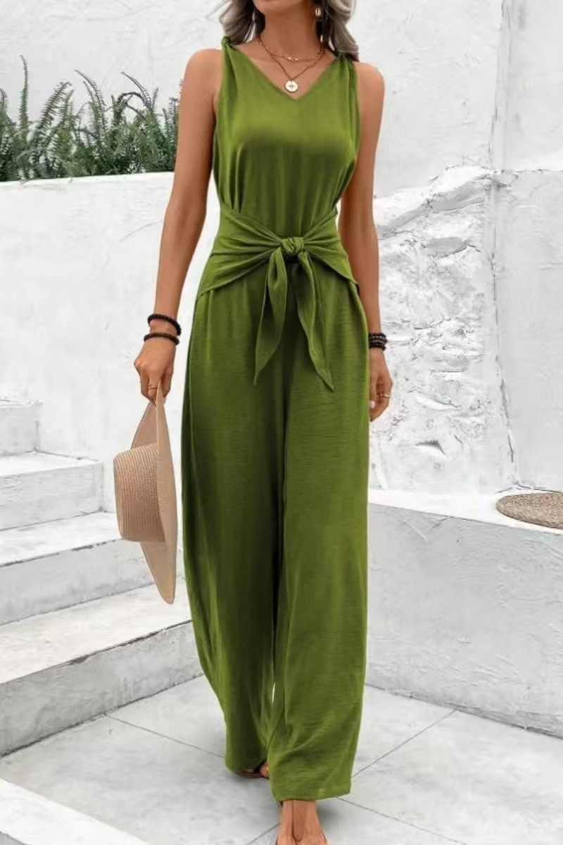 Frühling/Sommer 2026: Neuer einfarbiger Jumpsuit mit V-Ausschnitt, Knoten und weitem Bein, ärmellos_voghion.com