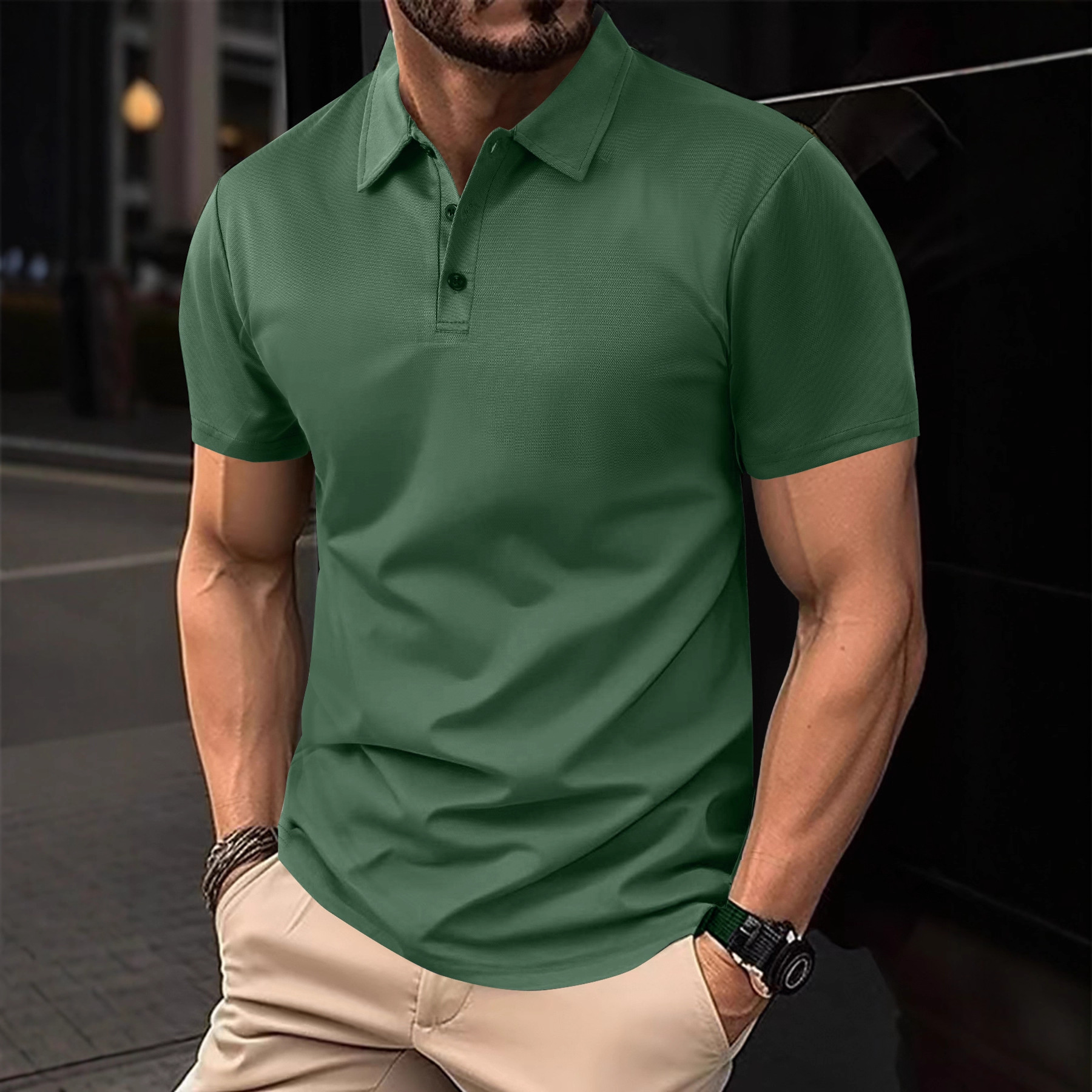 2026 Summer Solid Color Lapel Summer Men's Loose Short Sleeve Simple Casual Daily T-Shirt_voghion.com