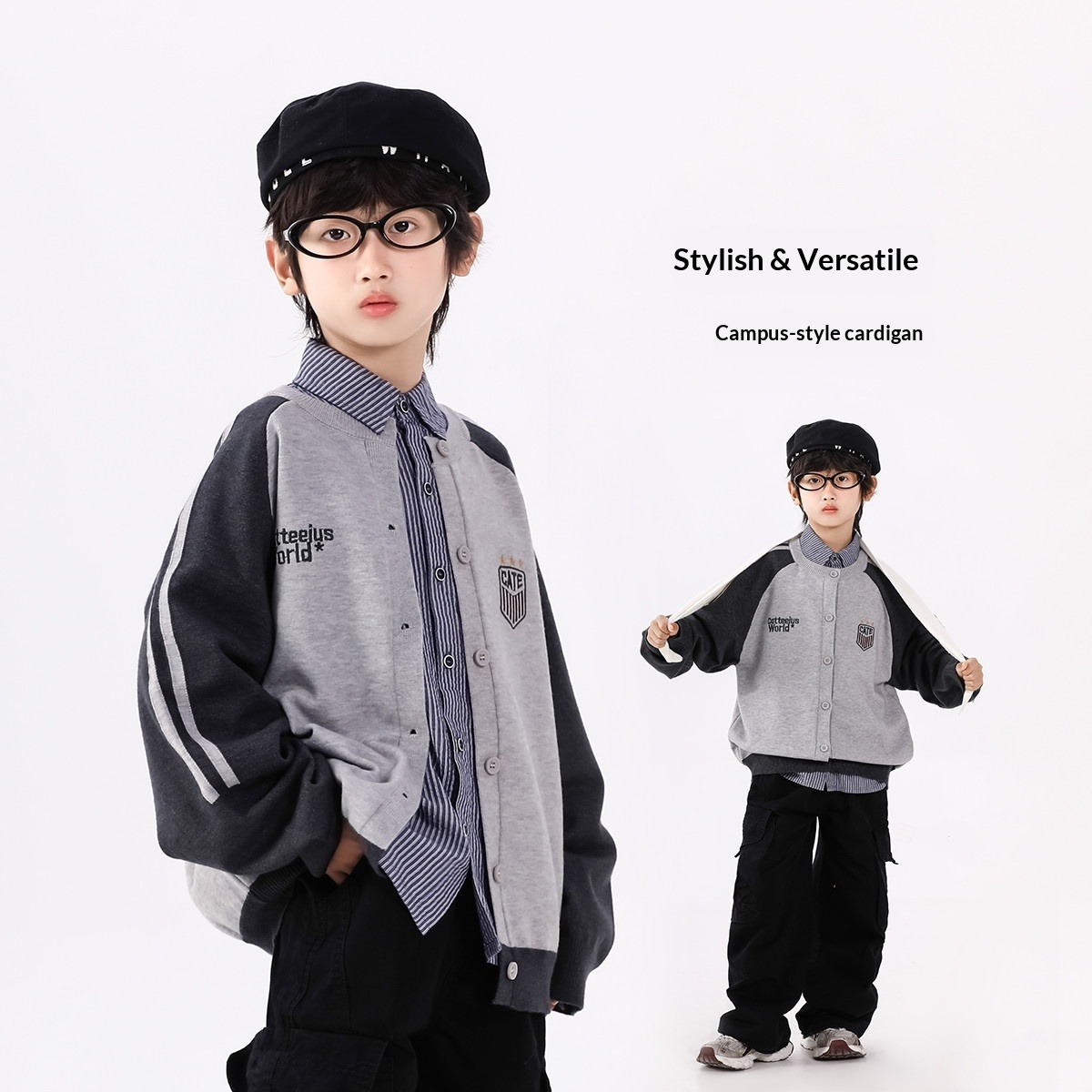 Veste en maille style baseball pour garçon, collection printemps-automne 2026, cardigan boutonné pour enfants plus âgés_voghion.com