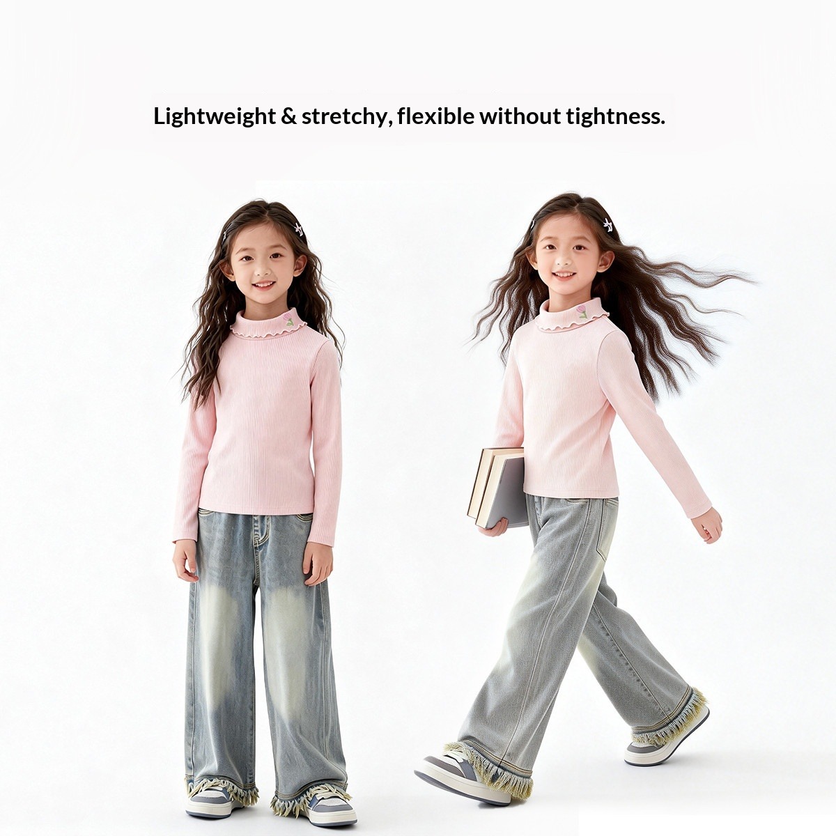 Girls' Mock Neck Long Sleeve T-Shirt 2026 Spring New Arrival Solid Base Layer Top For Toddler & Older Kids_voghion.com