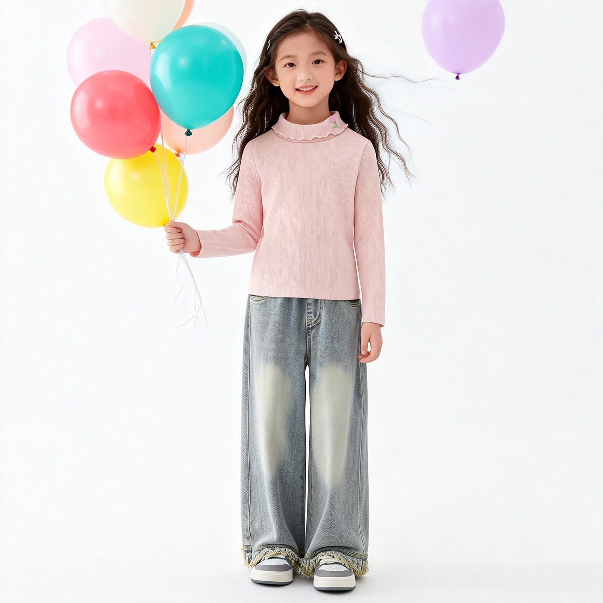 Girls' Mock Neck Long Sleeve T-Shirt 2026 Spring New Arrival Solid Base Layer Top For Toddler & Older Kids_voghion.com