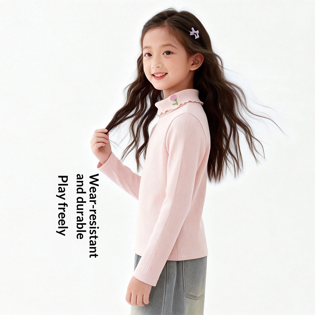Girls' Mock Neck Long Sleeve T-Shirt 2026 Spring New Arrival Solid Base Layer Top For Toddler & Older Kids_voghion.com