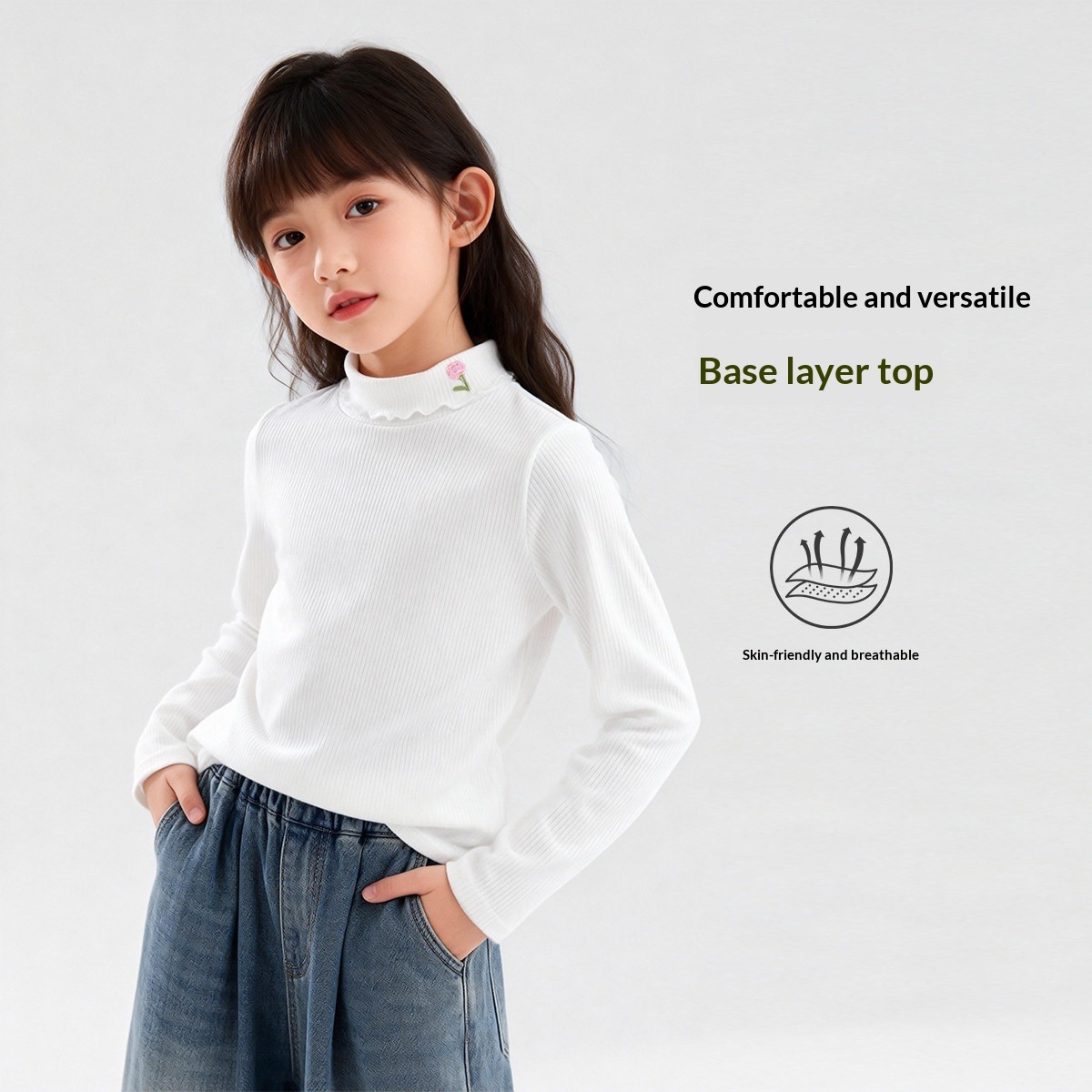 Girls' Mock Neck Long Sleeve T-Shirt 2026 Spring New Arrival Solid Base Layer Top For Toddler & Older Kids_voghion.com