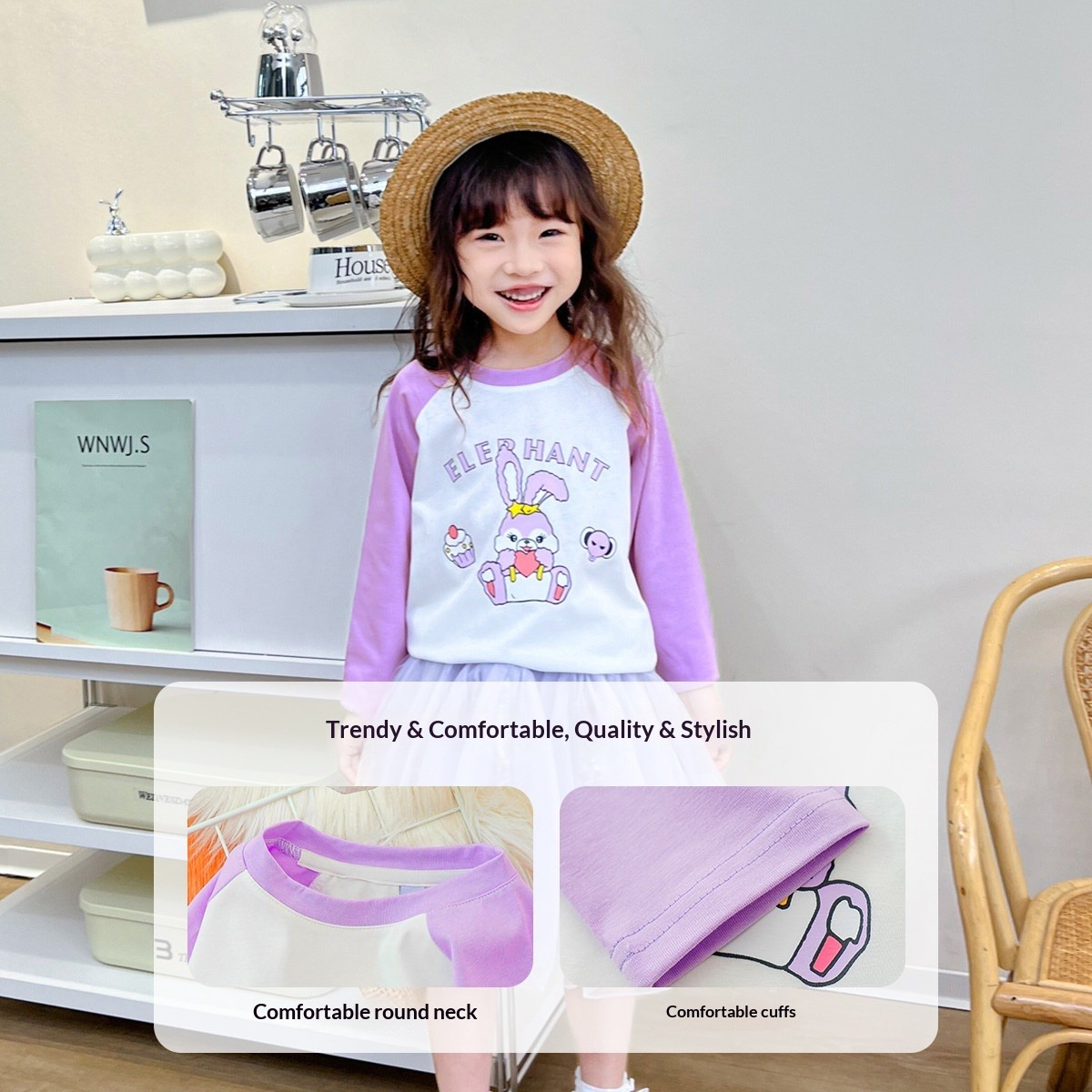 Camiseta feminina de manga comprida e gola redonda, blusa casual e esportiva para a primavera, camiseta macia para sobreposição de peças, ideal para crianças maiores e pré-adolescentes._voghion.com