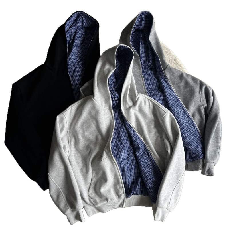 Wendbares Sweatshirt im amerikanischen Karomuster, Herren-Cardigan mit Reißverschluss, Kapuzenjacke, Cleanfit, kurze und weite Jacke_voghion.com