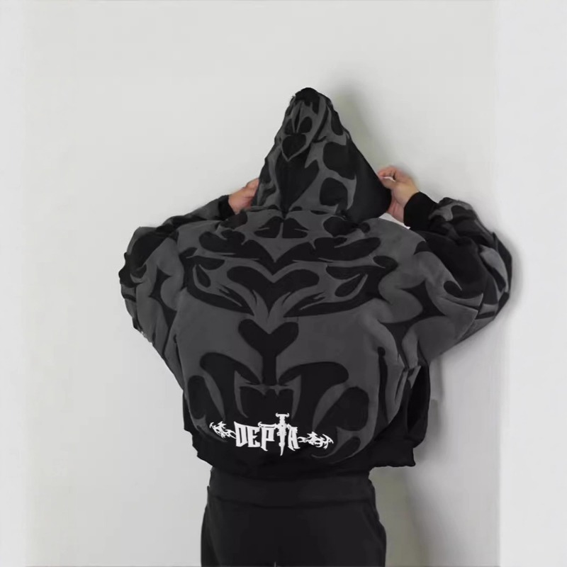 Herbst/Winter 2026: Y2K-Explosion – Europäischer und amerikanischer dunkler Gothic-Pullover mit Reißverschluss und Kapuze für Damen und Herren mit Print – Neuer Trendmantel_voghion.com