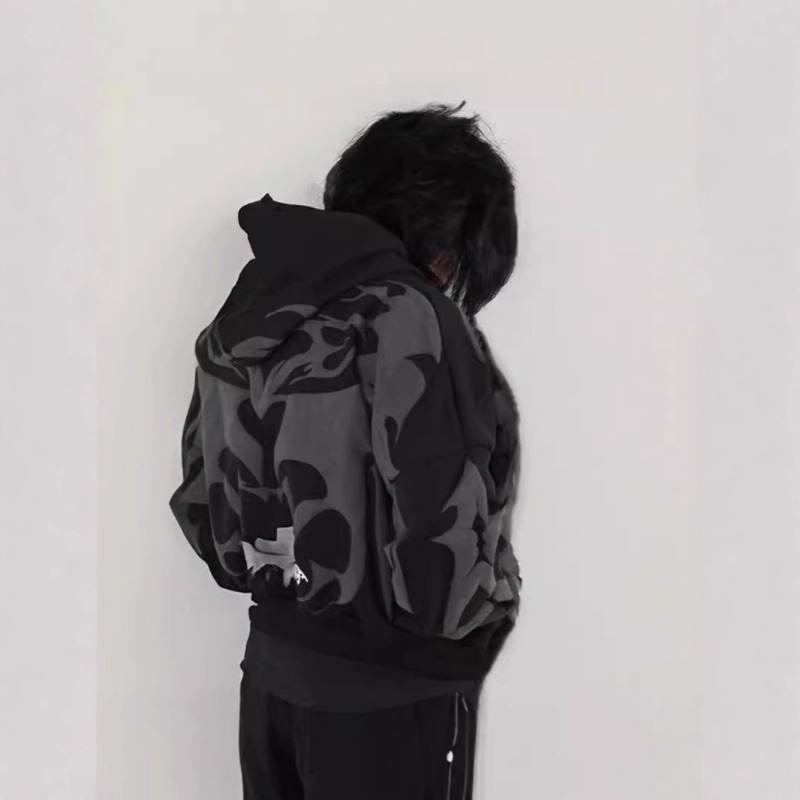 Herbst/Winter 2026: Y2K-Explosion – Europäischer und amerikanischer dunkler Gothic-Pullover mit Reißverschluss und Kapuze für Damen und Herren mit Print – Neuer Trendmantel_voghion.com