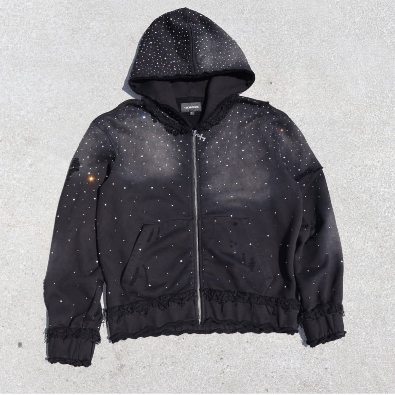 European And American Men's Clothing Autumn And Winter Trend Gypsy Hot Diamond Hooded Zipper Sweater Men's Street Hip Hop Loose Coat_voghion.com