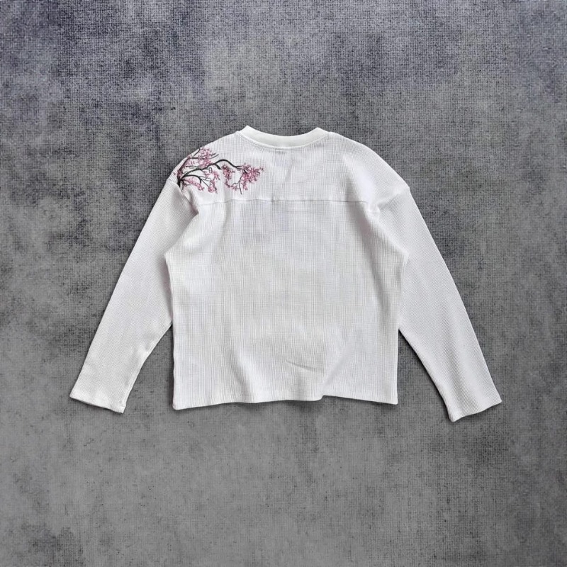European And American Derschutze Blossom Plum Blossom Embroidered T-shirt Men's Loose Casual White Round Neck Long-sleeved Top_viptrois.com