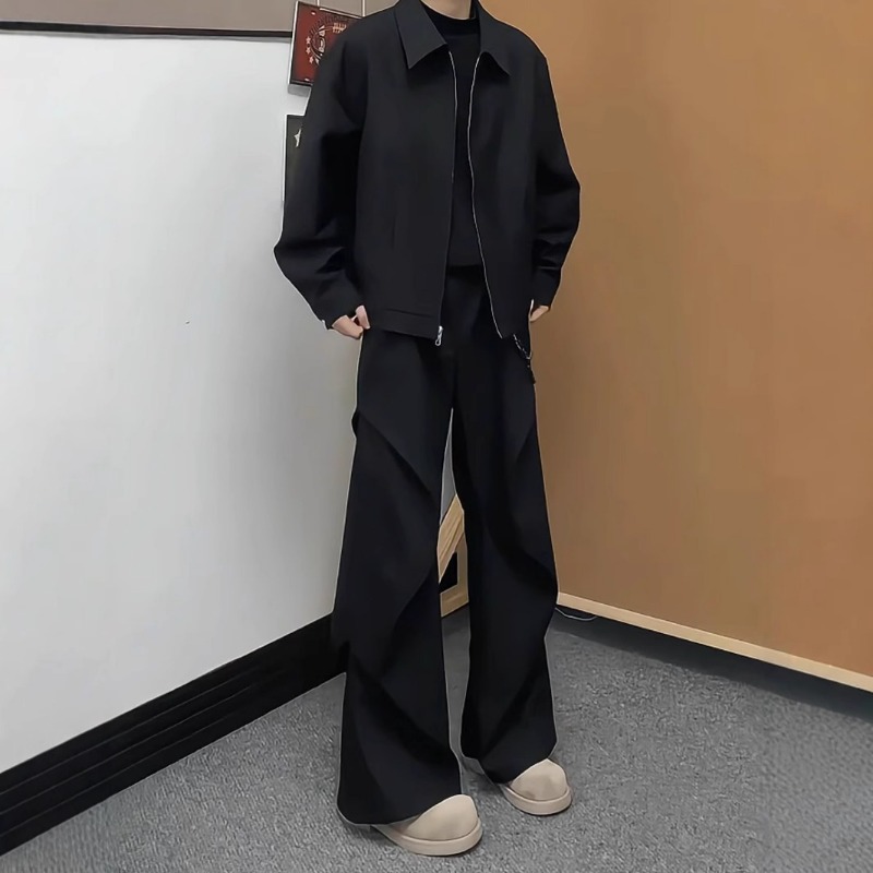 Cleanfit Black Micro-Latin Pants Drooping High-end Wide-leg Pants Men's Spring Pleated Paratrooper Cargo Pants_viptrois.com