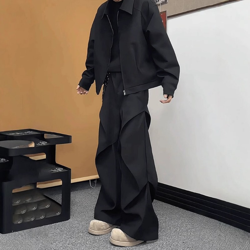 Cleanfit Black Micro-Latin Pants Drooping High-end Wide-leg Pants Men's Spring Pleated Paratrooper Cargo Pants_viptrois.com