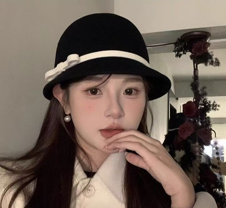 Thousand Gold Style New Hat Women's Woolen Hat Autumn And Winter Fashion Versatile Bucket Hat Retro Bow Top Hat Women_voghion.com