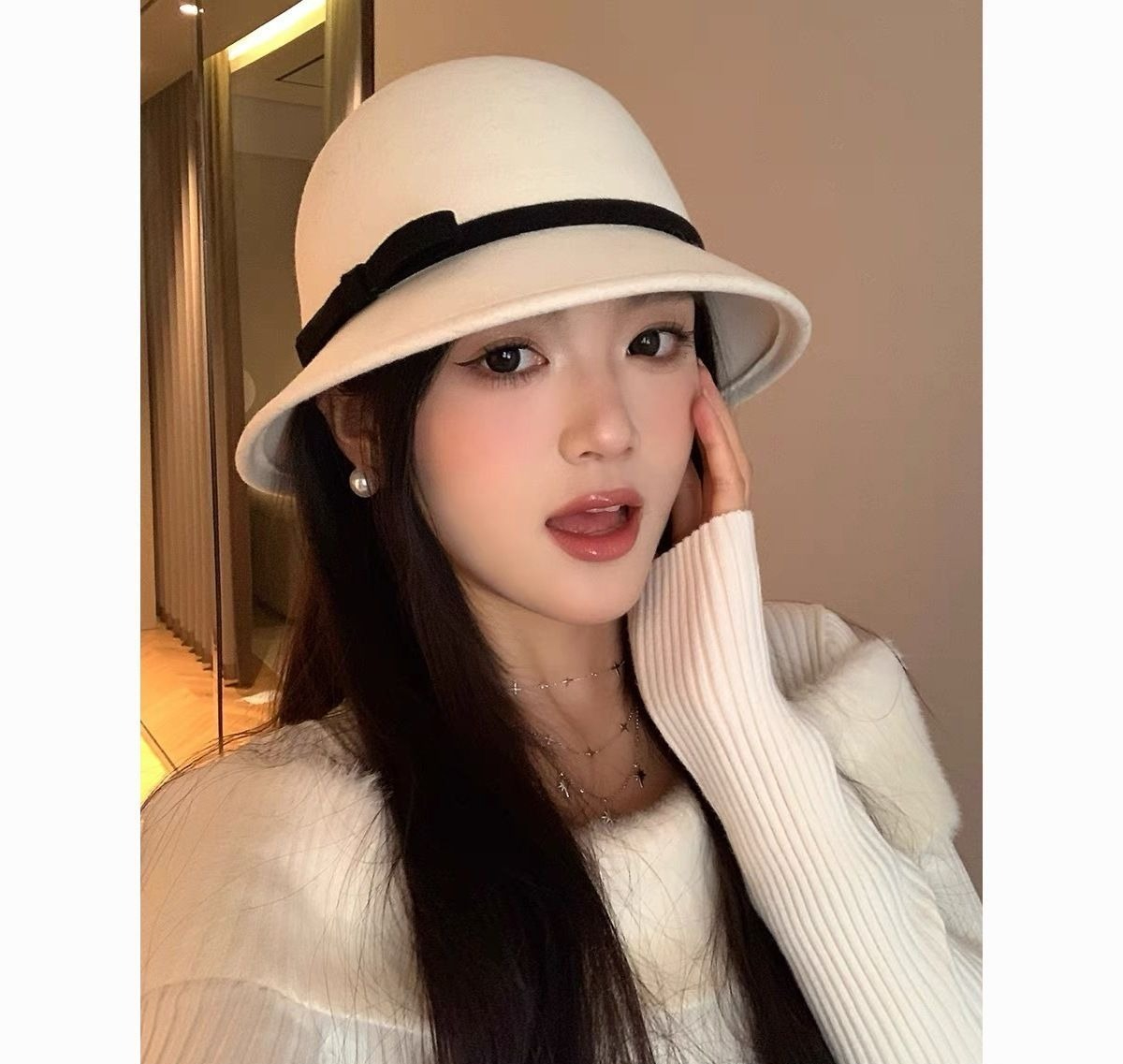 Dam bucket hat i ull för höst och vinter med rosett retro stil_voghion.com