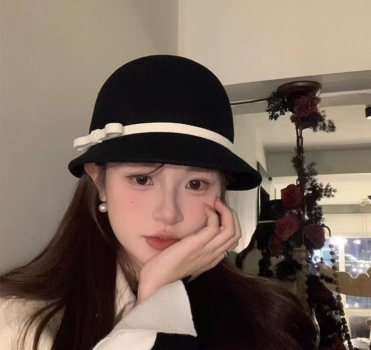 Dam bucket hat i ull för höst och vinter med rosett retro stil_voghion.com