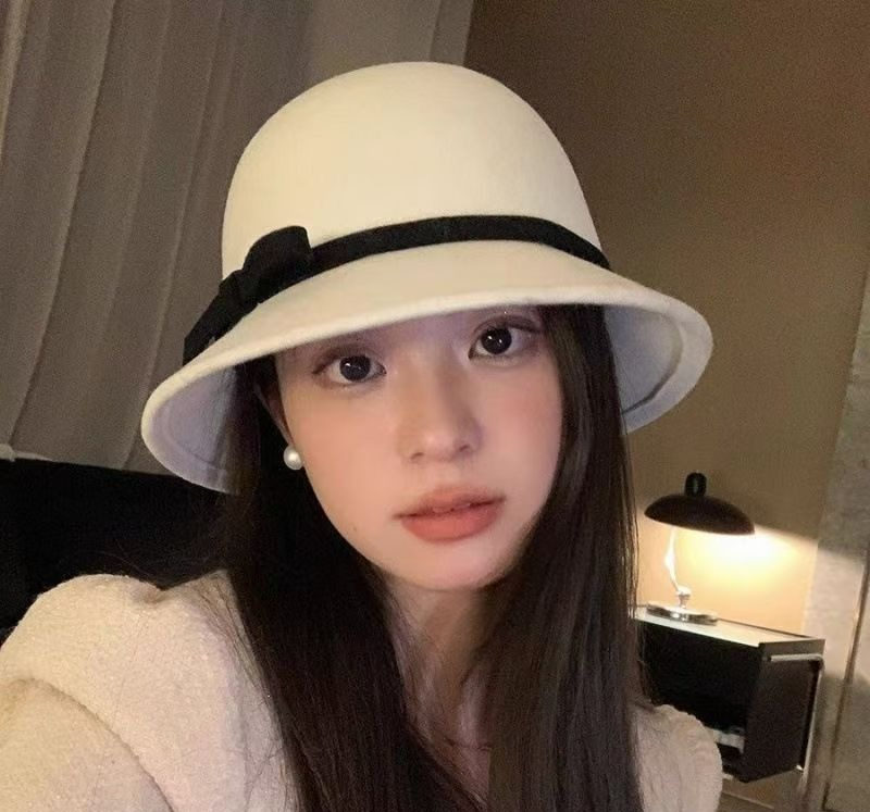 Dam bucket hat i ull för höst och vinter med rosett retro stil_voghion.com