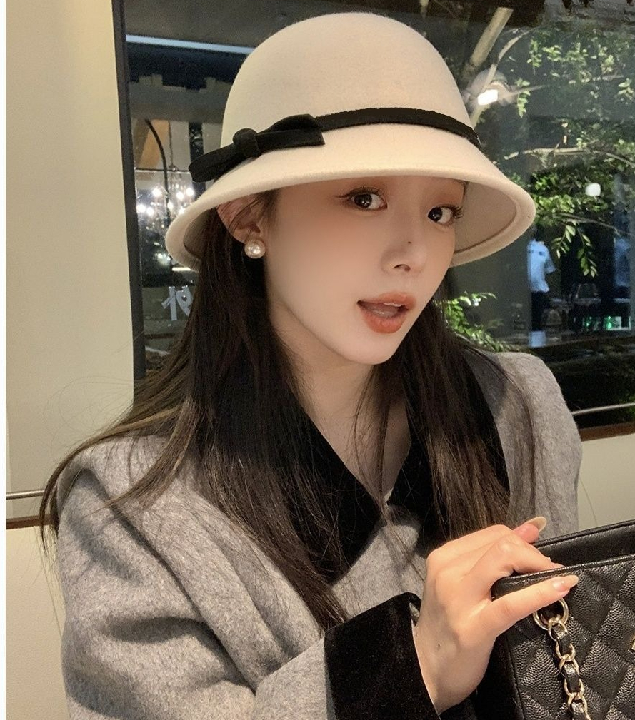 Dam bucket hat i ull för höst och vinter med rosett retro stil_voghion.com