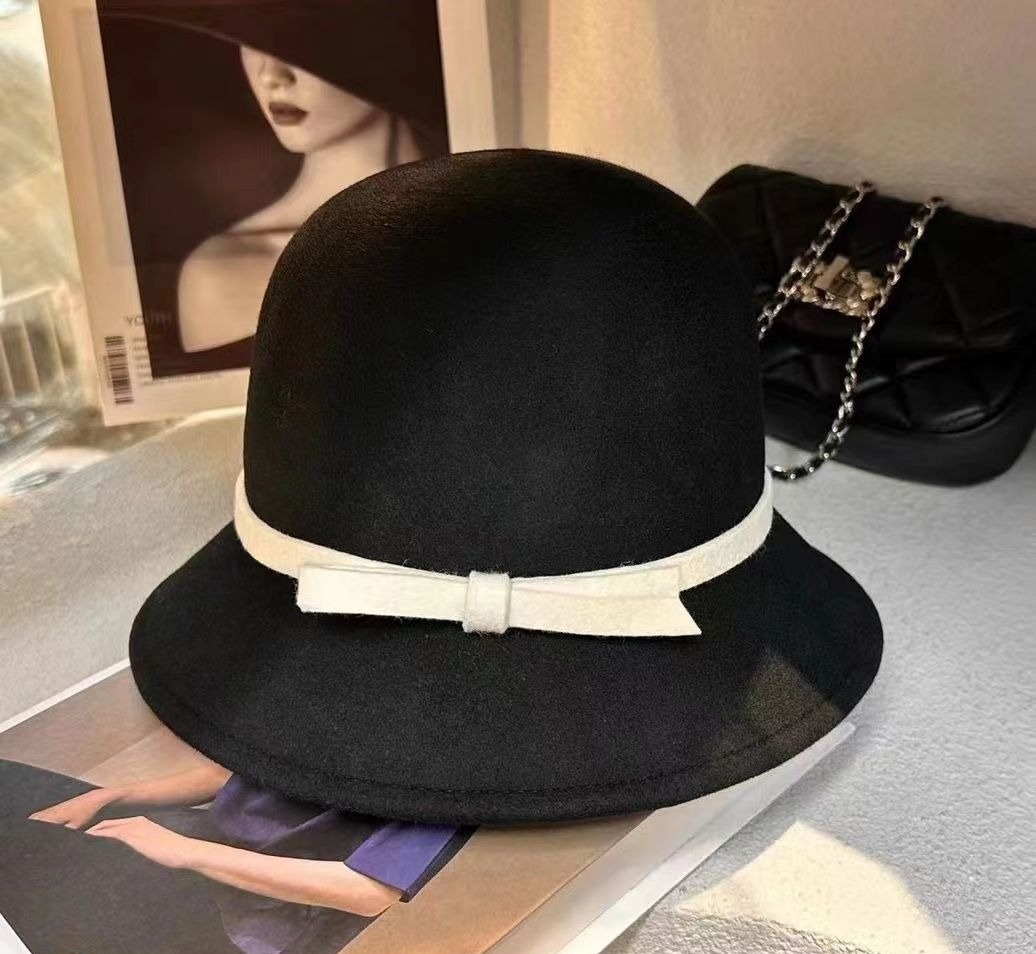 Dam bucket hat i ull för höst och vinter med rosett retro stil_voghion.com