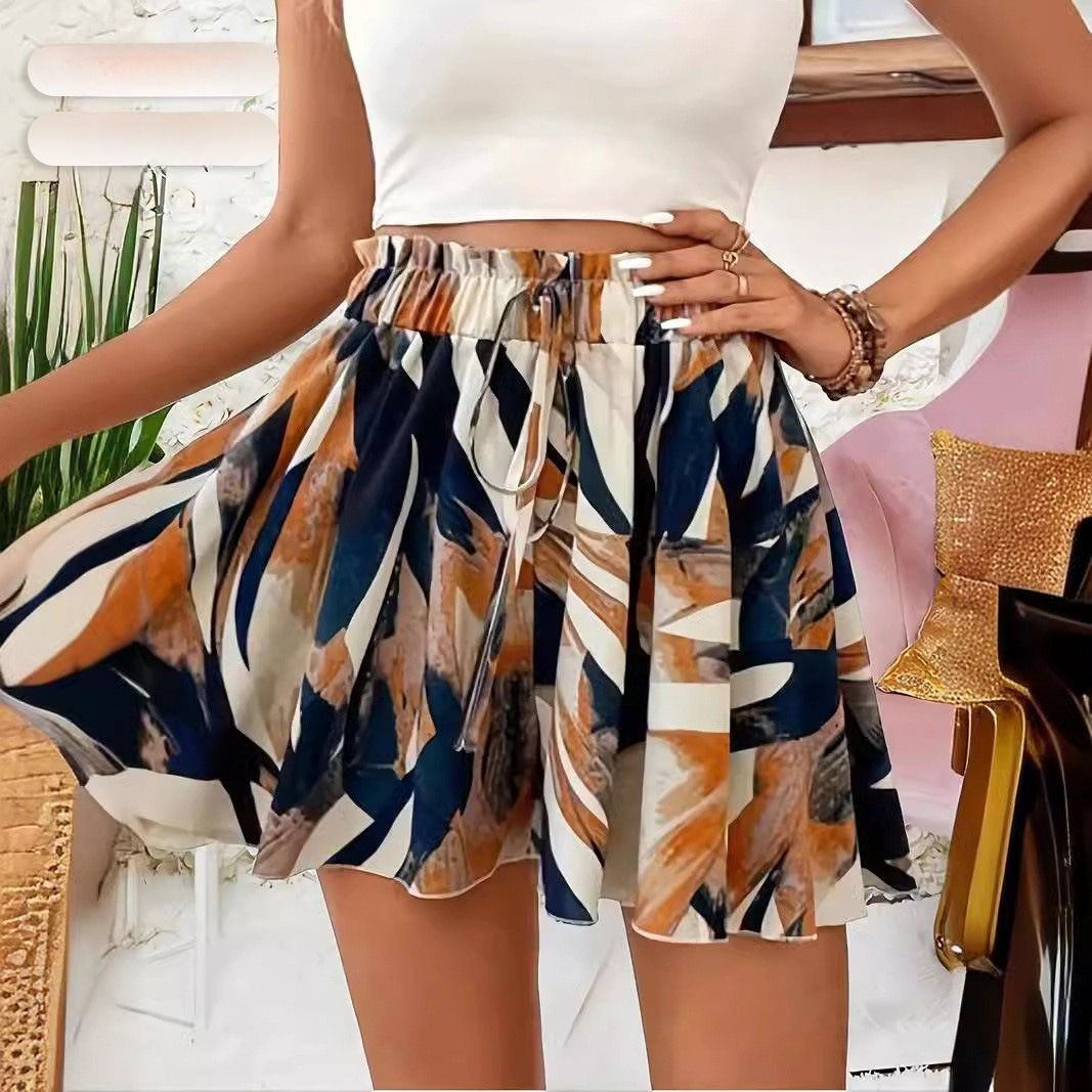 2026 Summer New Women's Shorts Strap Print Mini Skirt Elastic Belt Trouser Skirt_voghion.com