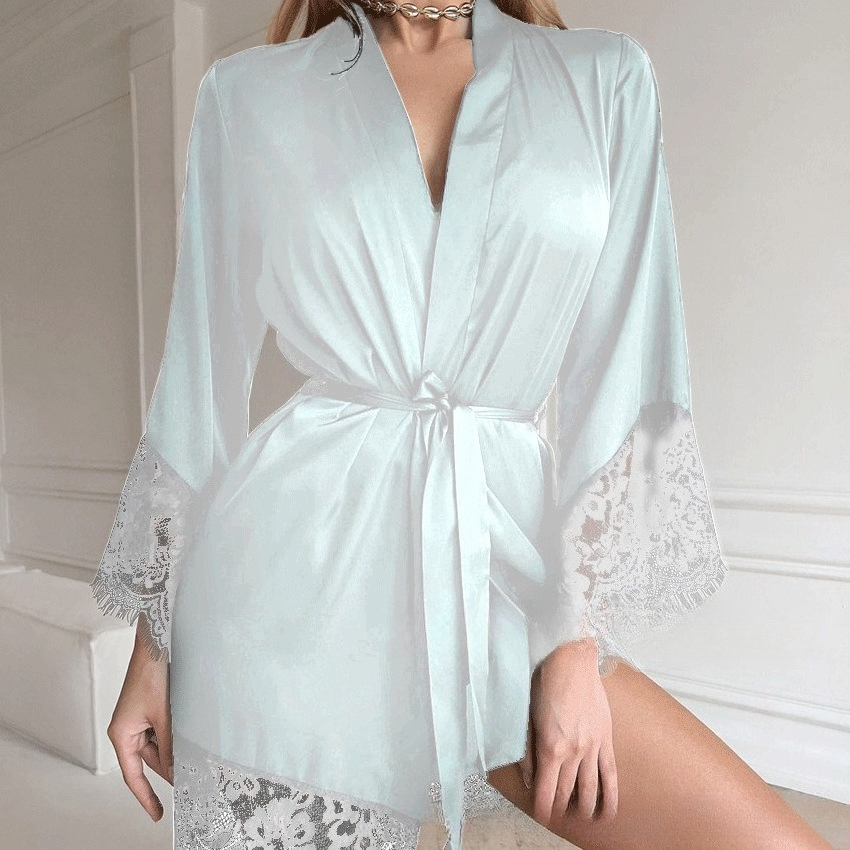 Sommerlicher, sexy Satin-Bademantel mit Spitze, langen Ärmeln, luxuriöser Komfort, Loungewear im Influencer-Stil_voghion.com