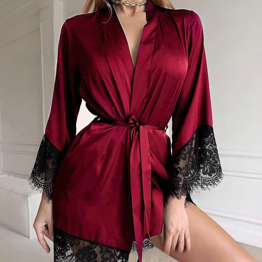 Luxuriöser Satin-morgenmantel Mit Spitzenbesatz Und Langen Ärmeln_voghion.com