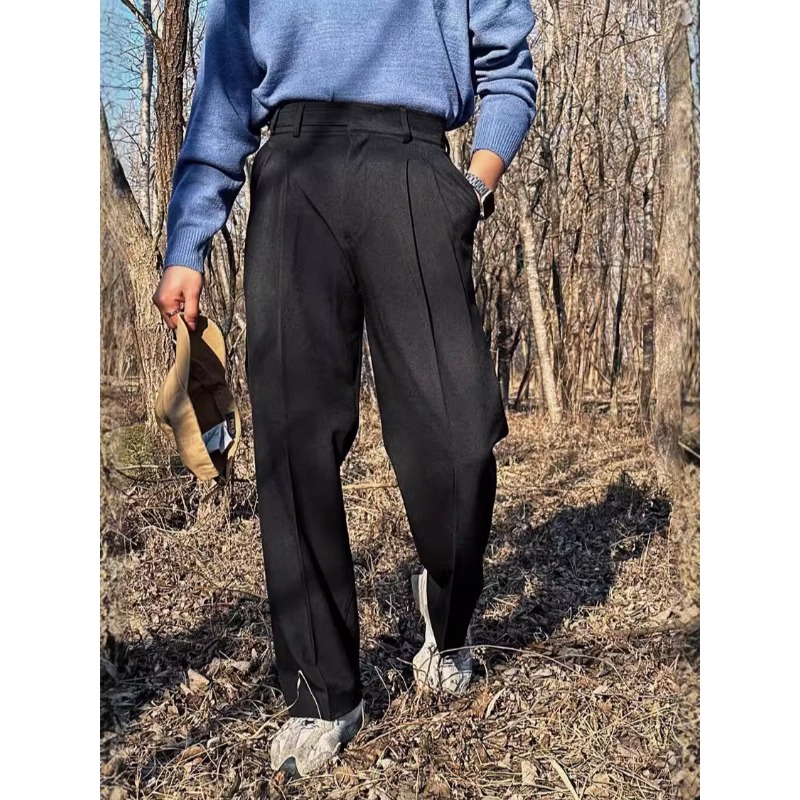 European Mid-waist Trousers Men's Paris Buckle Design Double-pleated Loose Straight Gorger Trousers Non-ironing Casual Suit Trousers_viptrois.com