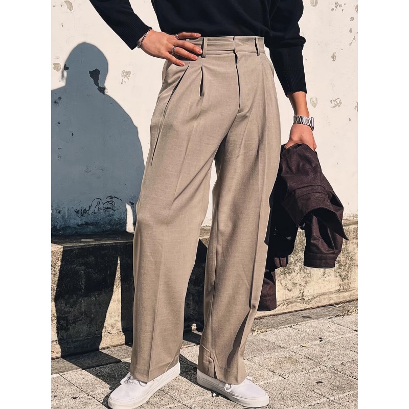 Europäische Herrenhose mit mittelhohem Bund, Pariser Schnallendesign, doppelt gefaltet, locker geschnitten, gerader Schnitt, bügelfrei, lässige Anzughose_voghion.com