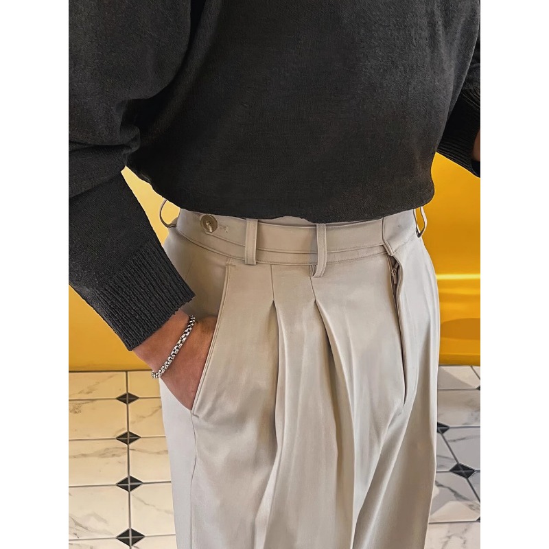 European Mid-waist Trousers Men's Paris Buckle Design Double-pleated Loose Straight Gorger Trousers Non-ironing Casual Suit Trousers_viptrois.com