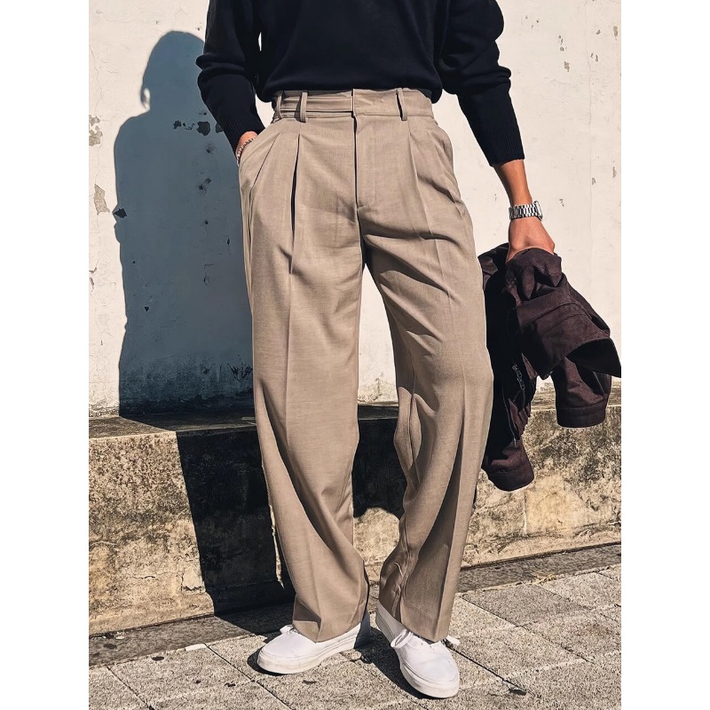 European Mid-waist Trousers Men's Paris Buckle Design Double-pleated Loose Straight Gorger Trousers Non-ironing Casual Suit Trousers_viptrois.com