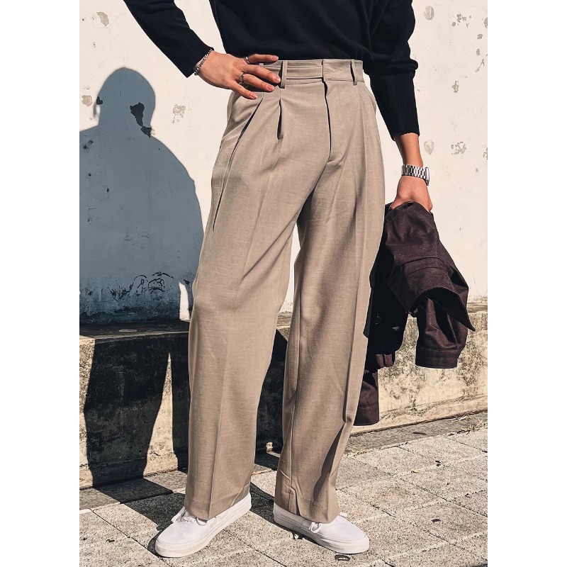 European Mid-waist Trousers Men's Paris Buckle Design Double-pleated Loose Straight Gorger Trousers Non-ironing Casual Suit Trousers_viptrois.com