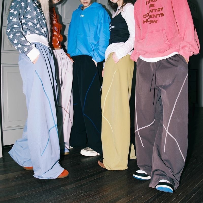 Tide Brand Bright Line Design Sweatpants Men's American Contrasting Color Hasselblad Line Casual Pants High Street Vibe Loose Sports Wide-leg Pants_voghion.com