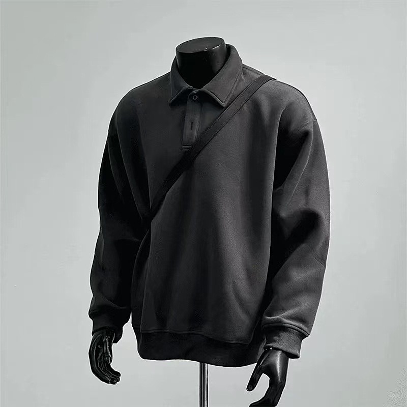 Spring And Autumn Heavy American Casual Lapel Sweater Men's And Women's Simple And Versatile Solid Color Loose Long Sleeve Top Clothing Trend_viptrois.com