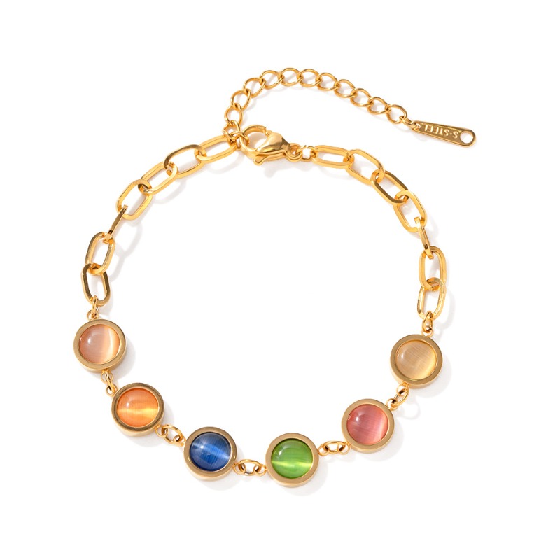 Bracelet chaîne en pierre oeil de chat multicolore doré arc-en-ciel_voghion.com