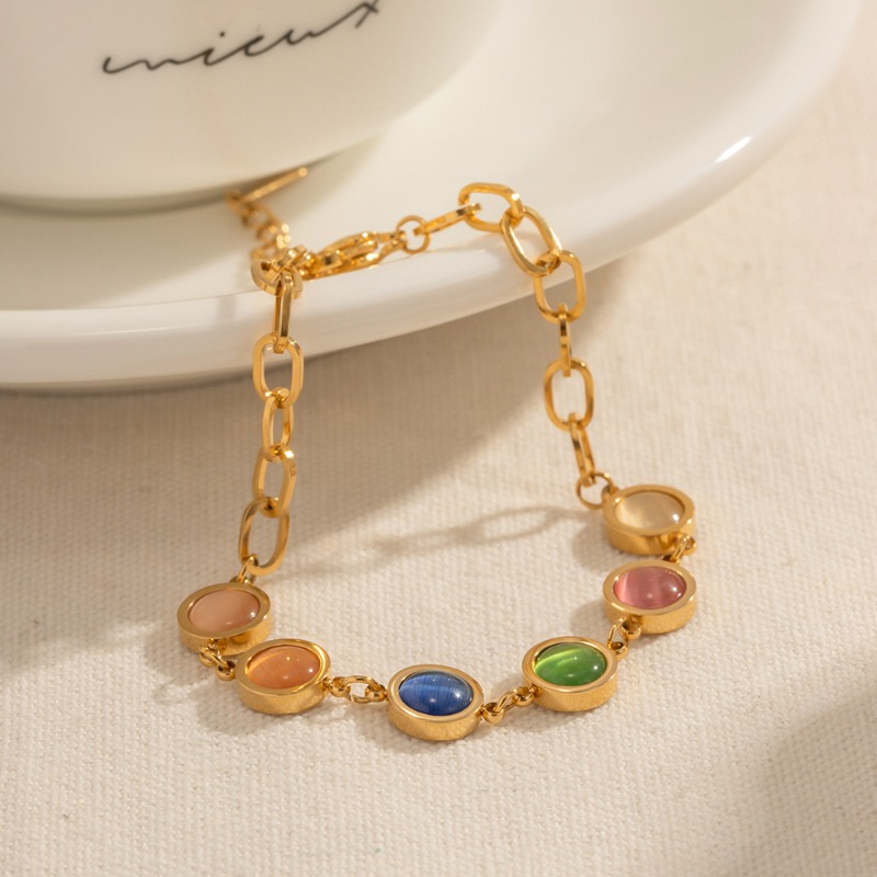 Bracelet chaîne en pierre oeil de chat multicolore doré arc-en-ciel_voghion.com