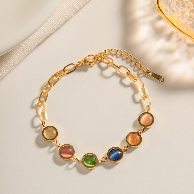 Bracelet chaîne en pierre oeil de chat multicolore doré arc-en-ciel_voghion.com