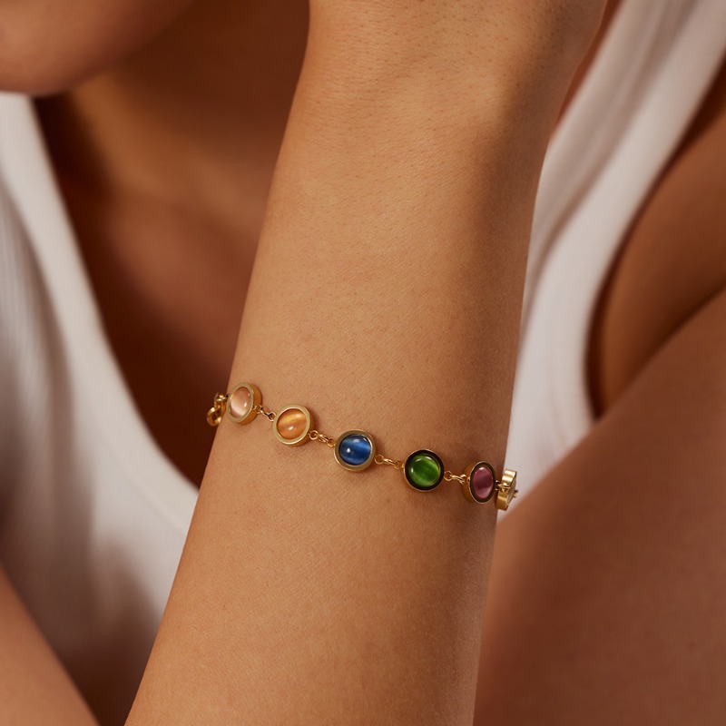 Bracelet chaîne en pierre oeil de chat multicolore doré arc-en-ciel_voghion.com