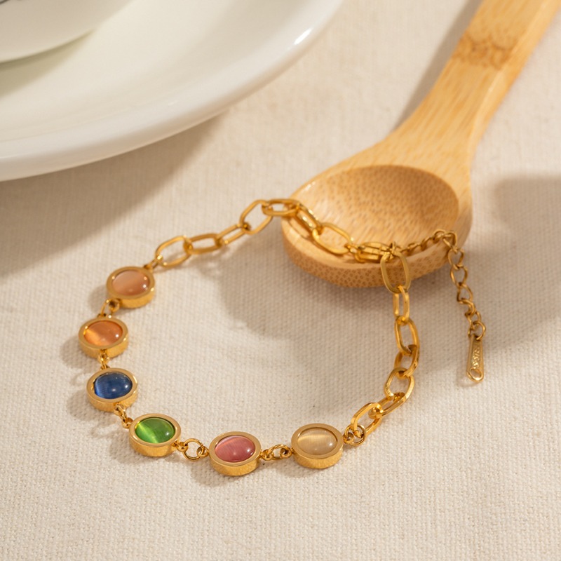Bracelet chaîne en pierre oeil de chat multicolore doré arc-en-ciel_voghion.com