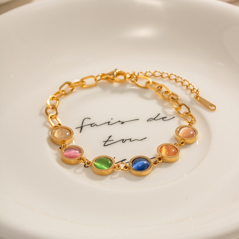 Bracelet chaîne en pierre oeil de chat multicolore doré arc-en-ciel_voghion.com