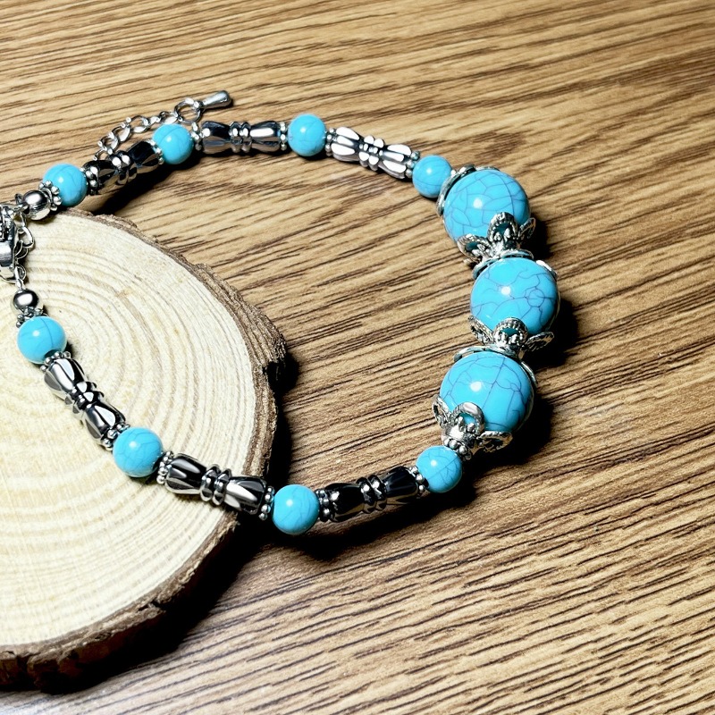 Turquoise Beaded Bracelet With Butterfly Charm Silver Boho Style_voghion.com