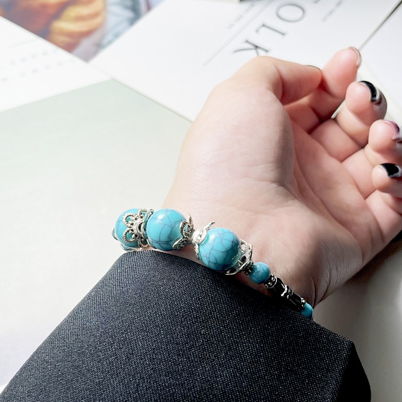 Turquoise Beaded Bracelet With Butterfly Charm Silver Boho Style_voghion.com